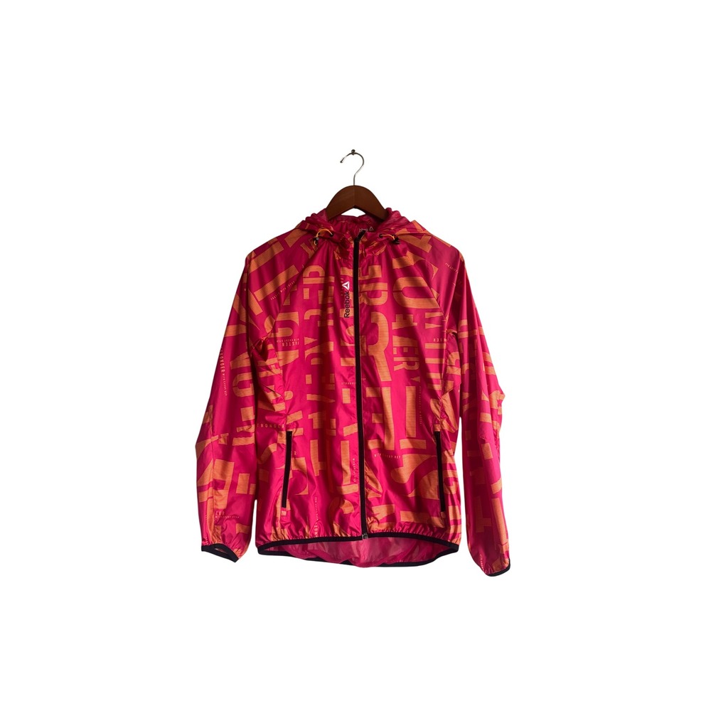 Reebok Womens Pink Orange Typographic Print Hooded Windbreaker Jacket M